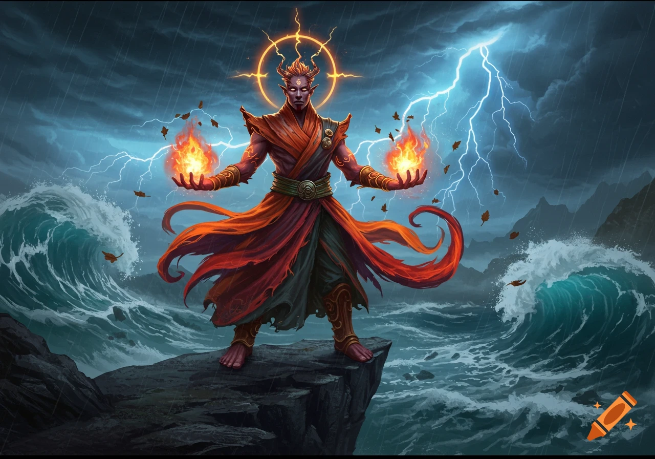A powerful elemental master with fiery hands and glowing eyes stands on a rock amidst stormy seas and lightning.