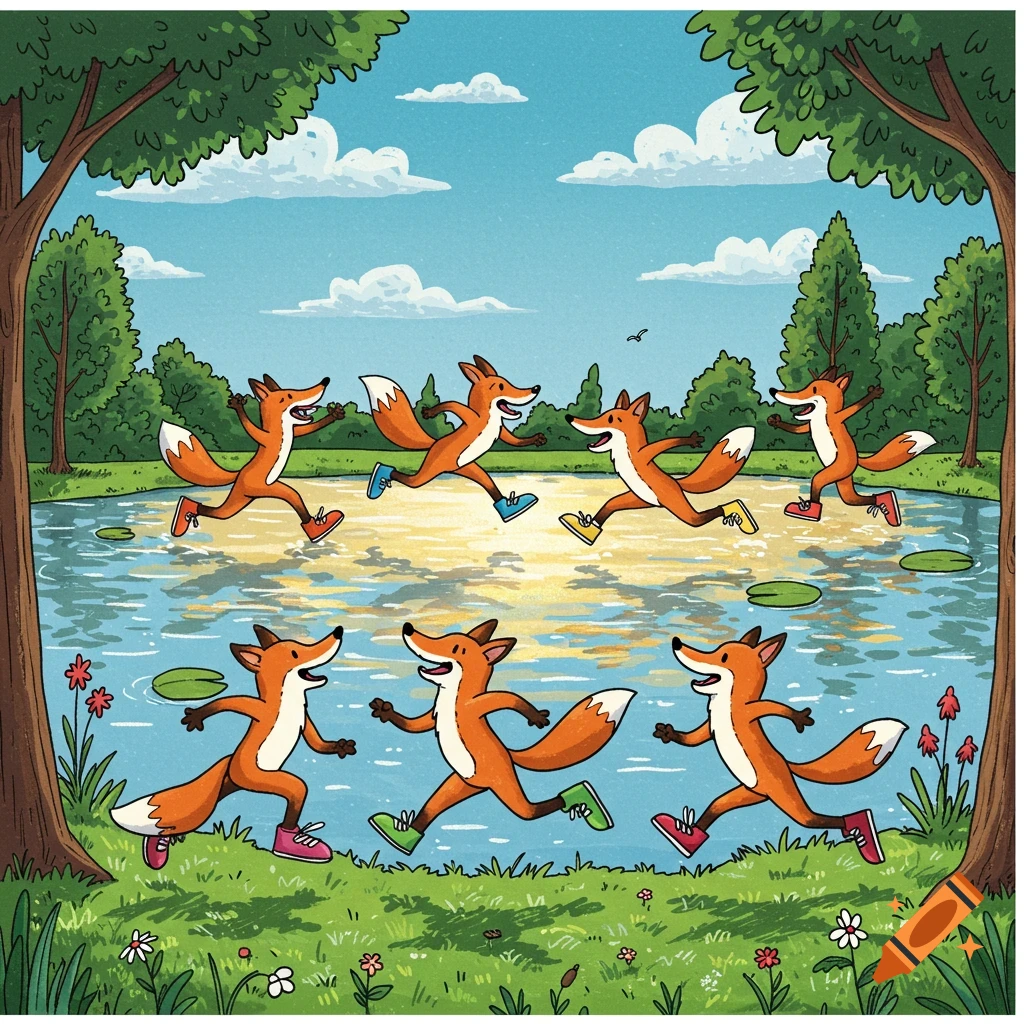 Six cheerful cartoon foxes wearing colorful running shoes skip along the edge of a lake with trees and grass.