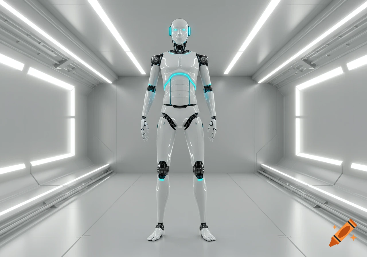 A white humanoid robot with glowing blue accents stands in a futuristic, brightly lit white corridor.