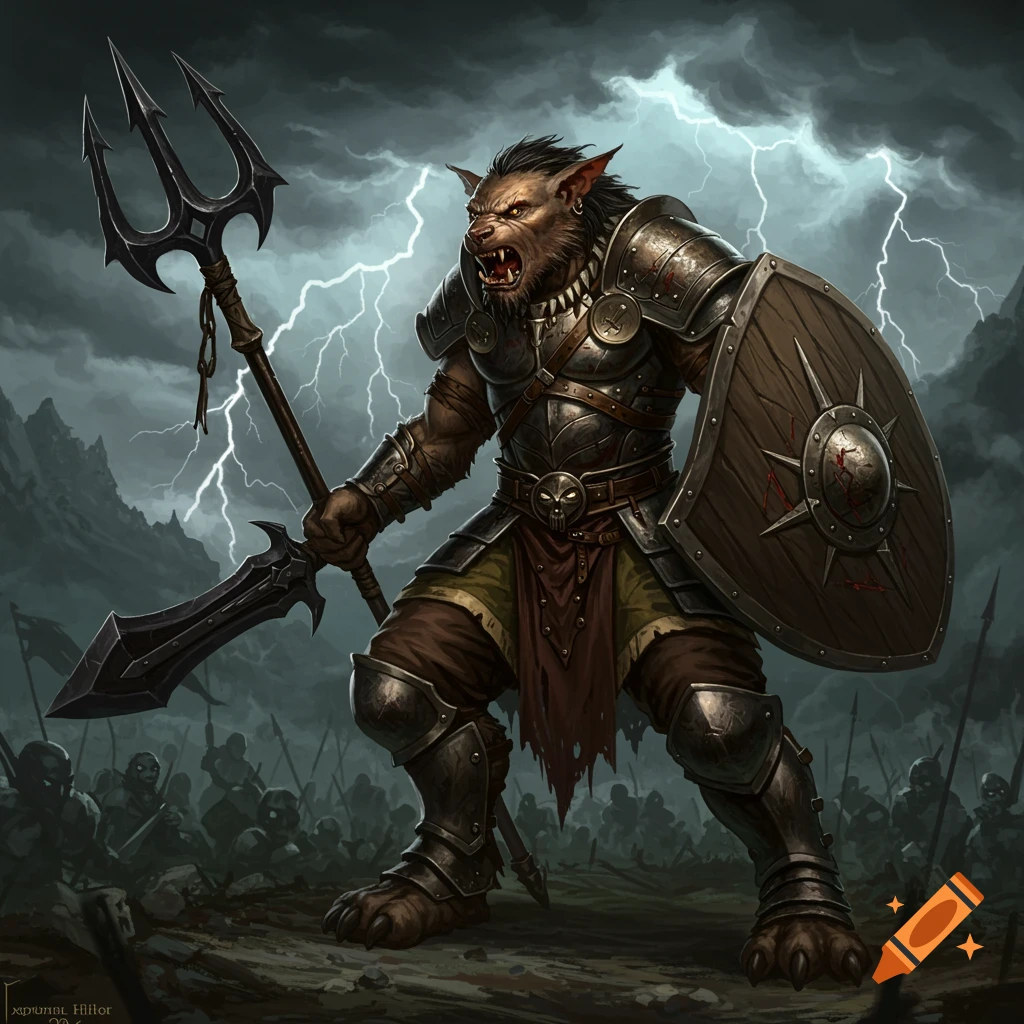 A heavily armored gnoll warrior with a fierce expression, wielding a black trident and a wooden shield, stands on a battlefield under a stormy sky with lightning, an army behind it.