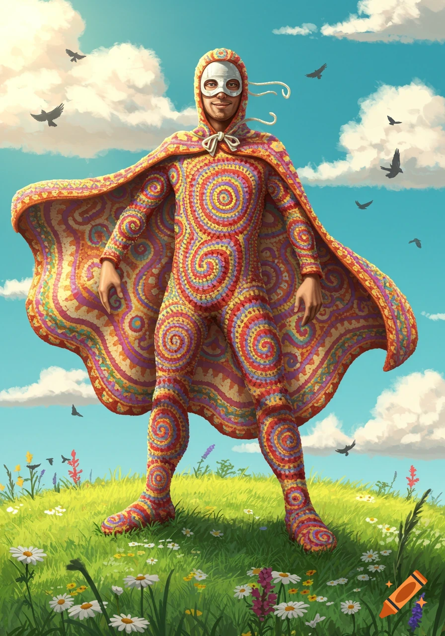 A man in a vibrant, colorful crocheted superhero suit with a cape and mask stands on a grassy hill under a blue sky with clouds and birds.
