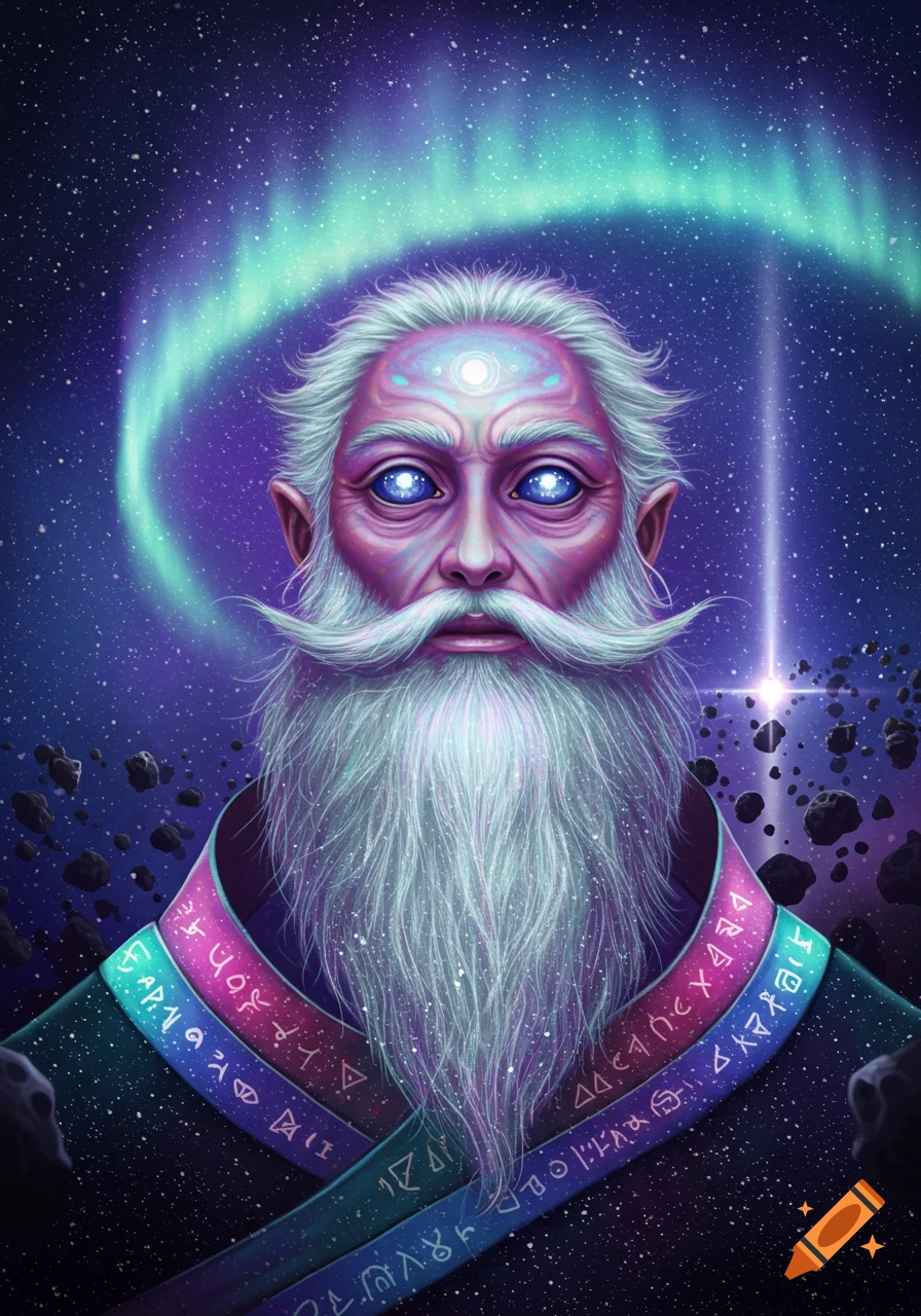 Portrait of an elderly alien with white beard, glowing blue eyes, and pink skin, wearing a cosmic robe with symbols, against a starry aurora background.