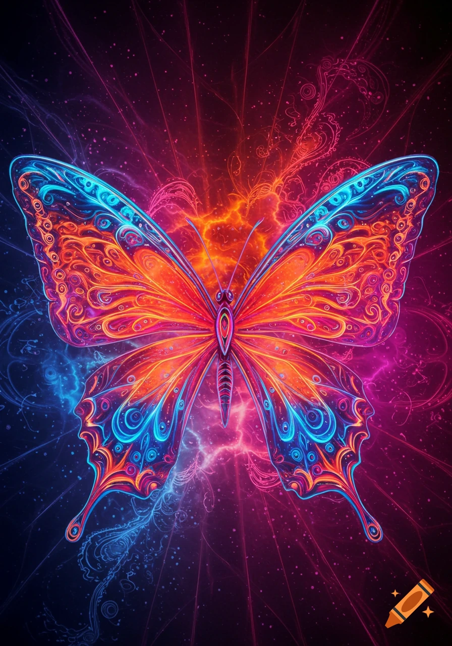 A vibrant, glowing, psychedelic butterfly with intricate blue and orange patterns on a dark background with light rays.