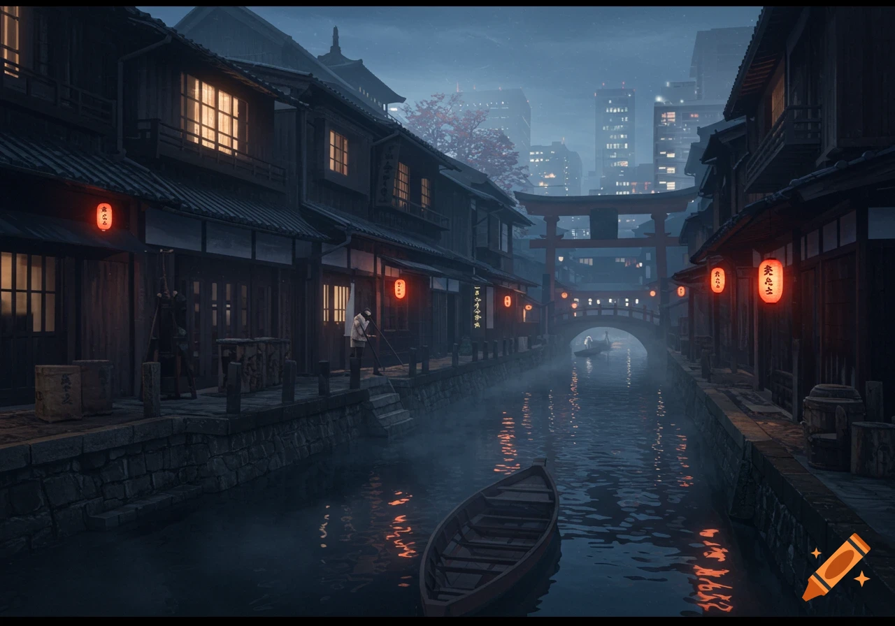 A misty night scene of a traditional Japanese street with wooden buildings, red lanterns, and a small boat on a canal, with modern city lights in the background.