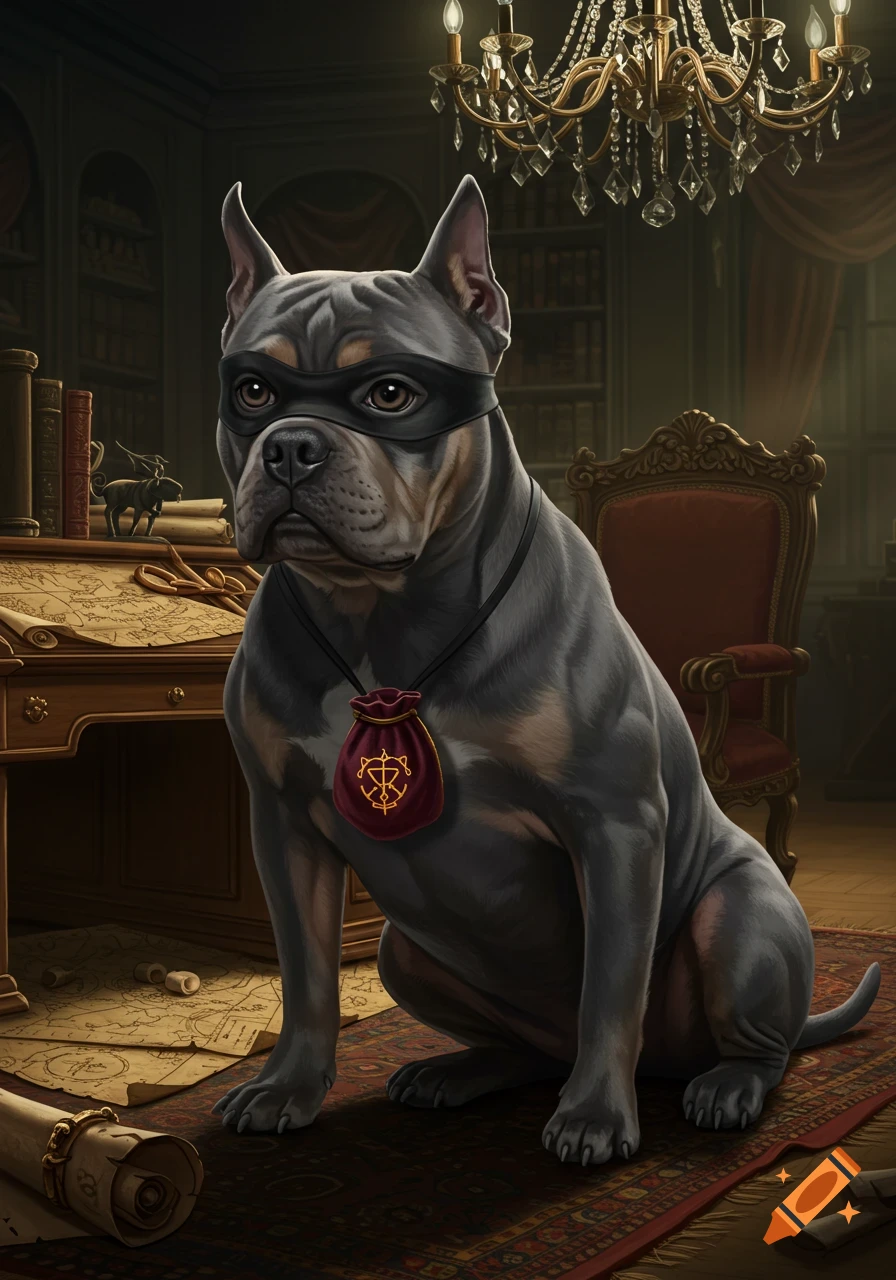 A grey and tan dog in a black bandit mask and red pouch sits on a rug in a grand, dimly lit study.