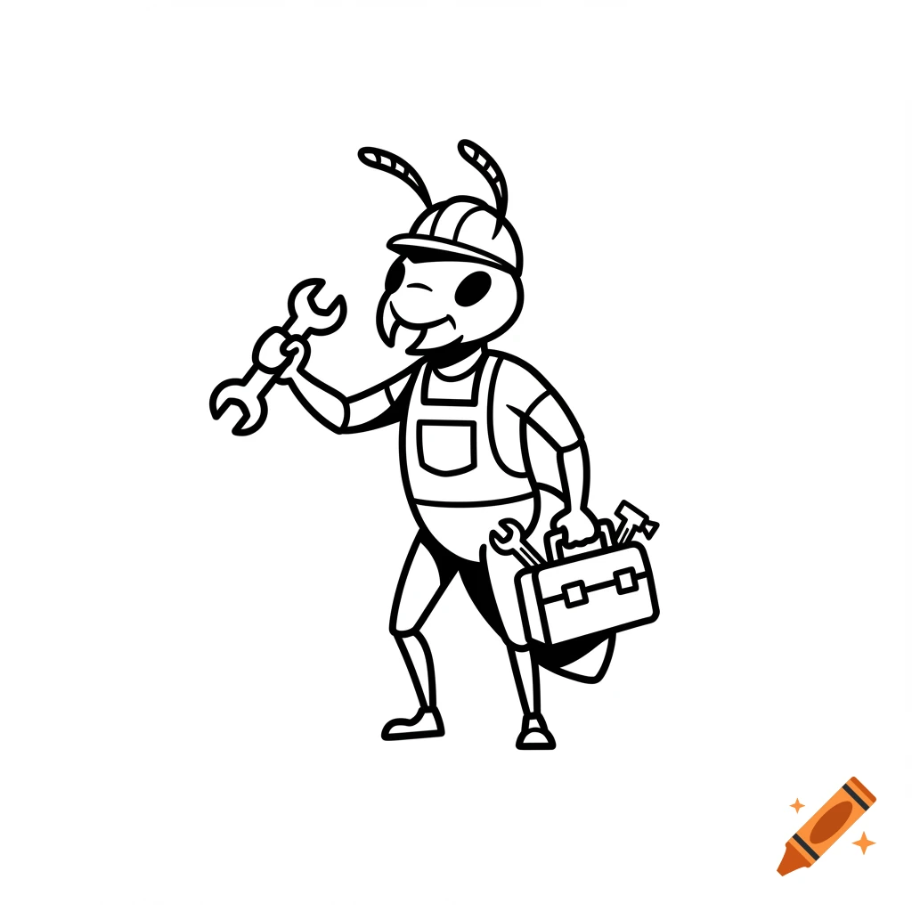 A black and white cartoon icon of an ant dressed as a handyman, holding a wrench and a toolbox.