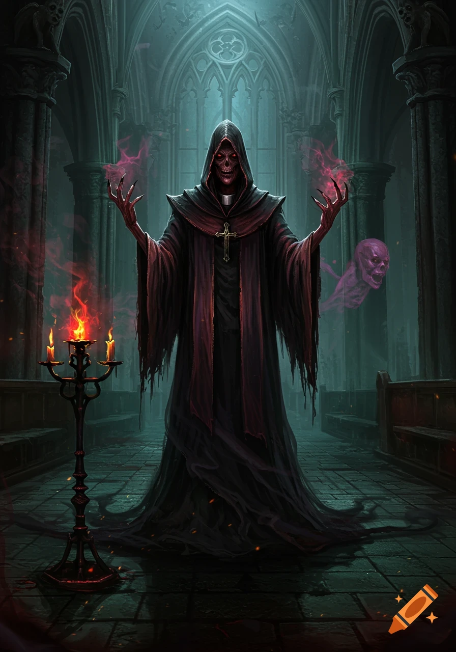 A hooded skeletal priest with glowing red eyes stands in a dark, gothic church with mystic smoke and a candelabra.