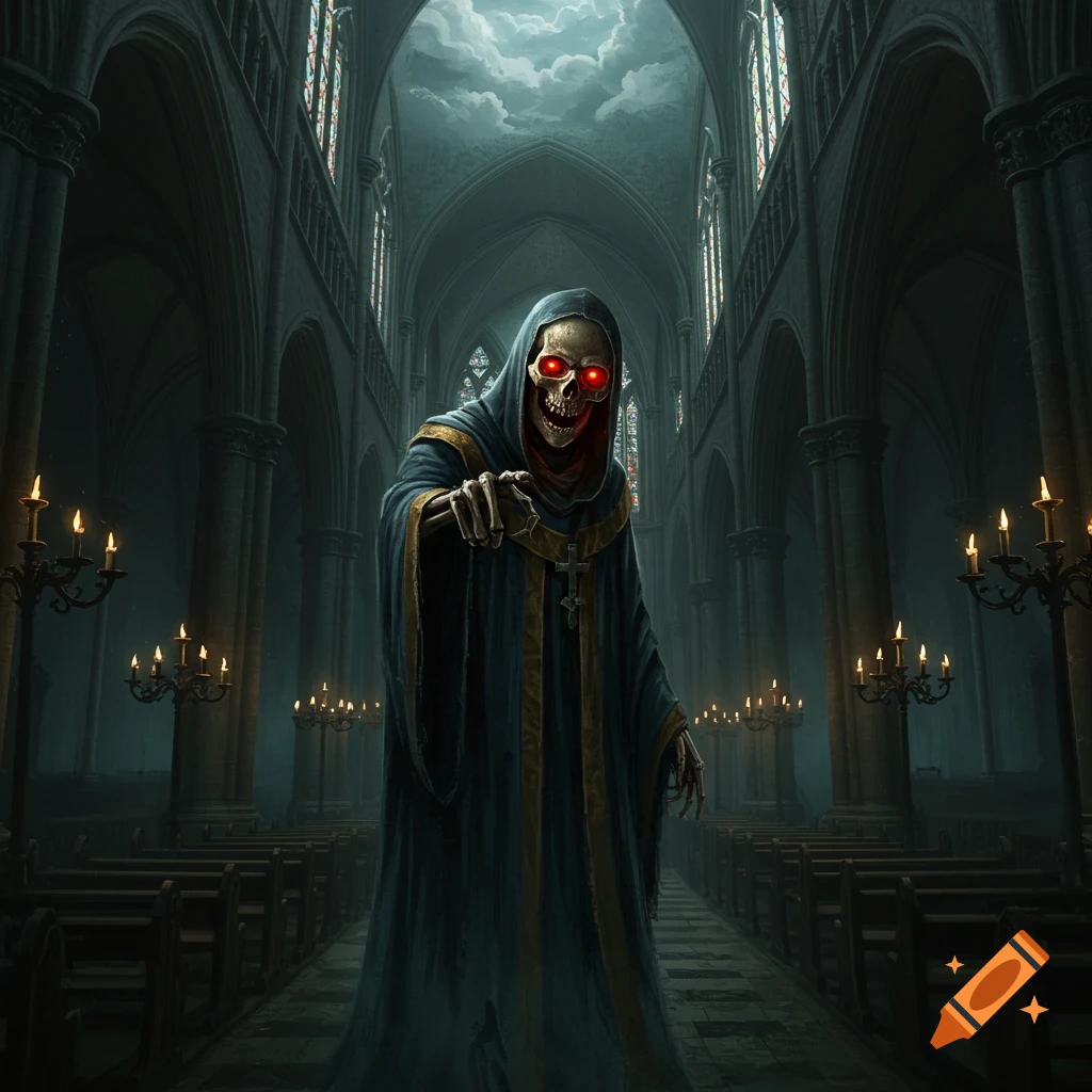 A spooky skeleton with glowing red eyes in a dark, gothic church aisle, pointing forward in a medieval painting style.
