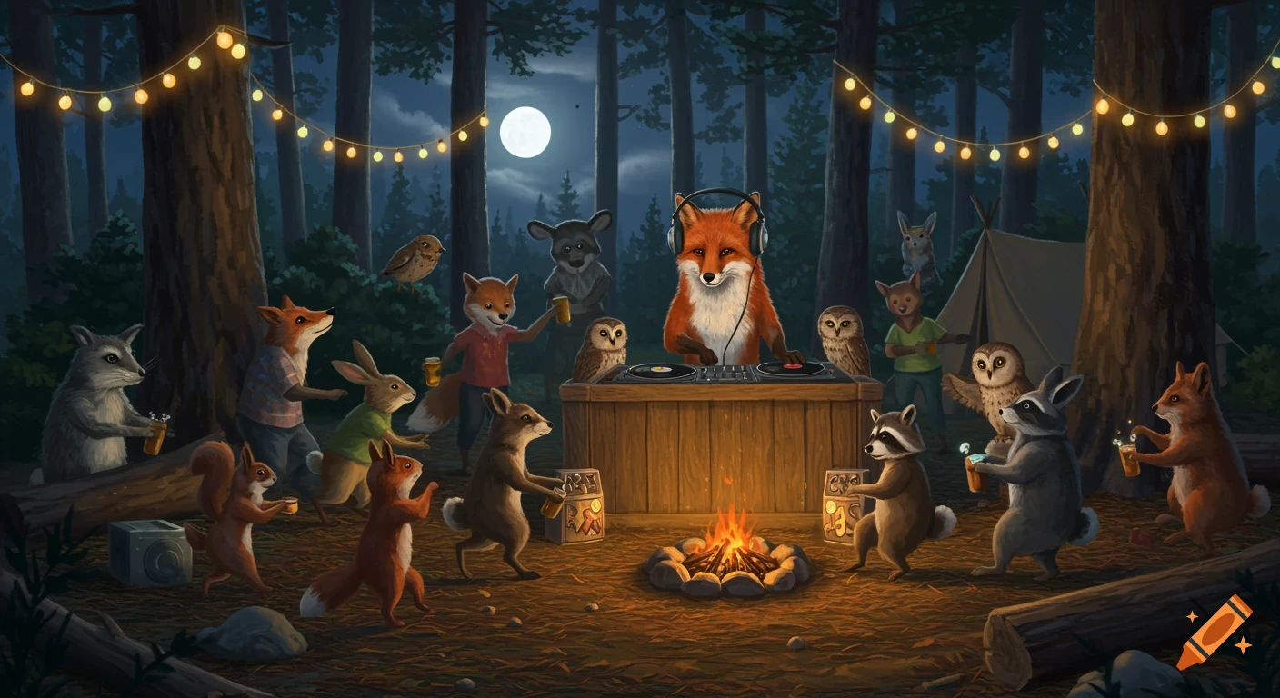 Whimsical illustration of forest animals having a party at night, with a fox DJ, string lights, and a campfire.