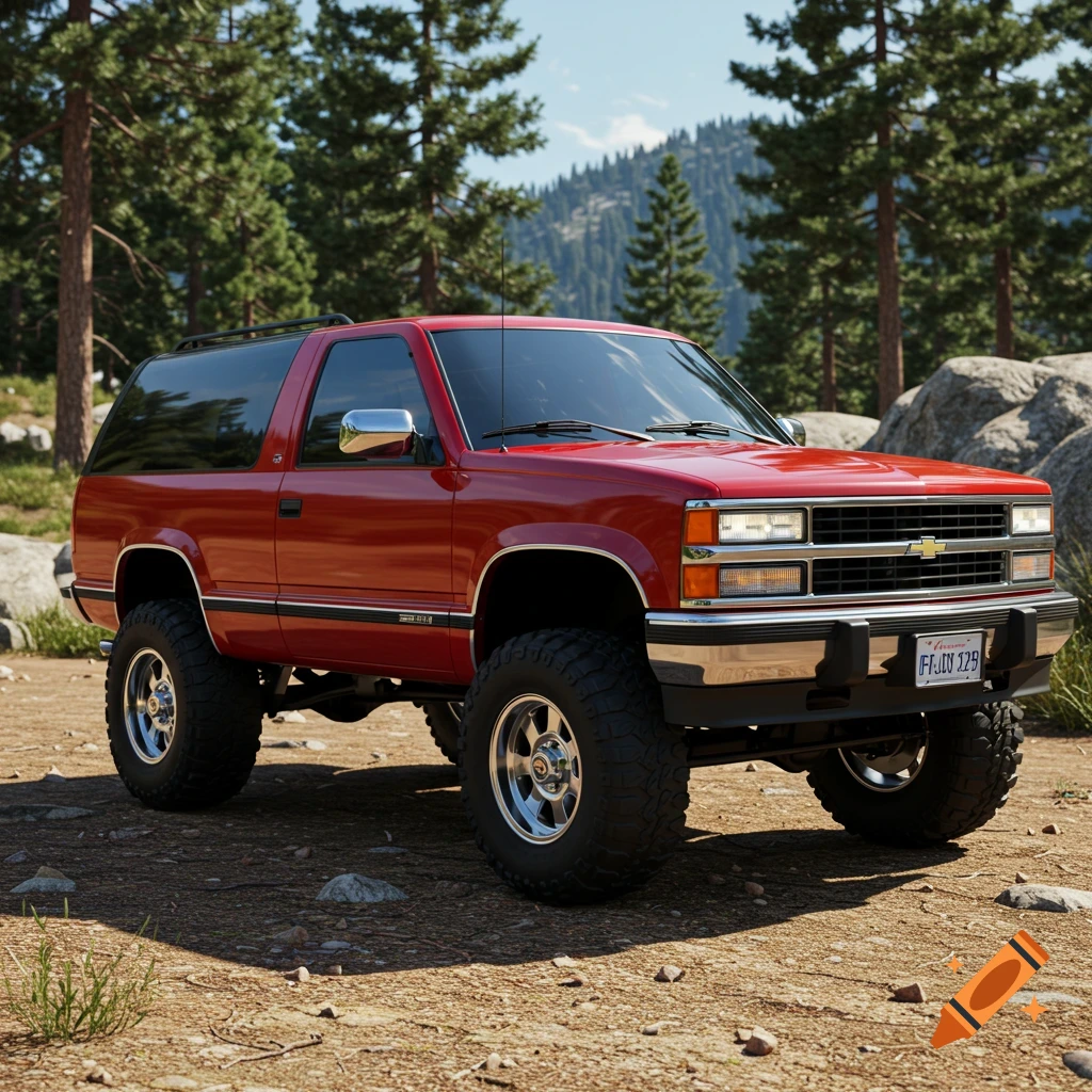 A red 1992 Chevy Blazer K1500 with a 4-inch lift kit is parked on a dirt road in a mountainous, forested area on a sunny day.