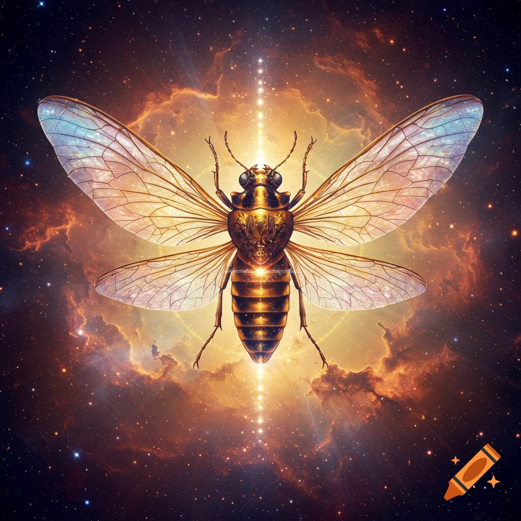 A large, golden-brown beetle-like insect with iridescent wings, glowing against a vibrant cosmic nebula and starfield, with a beam of light through its body.