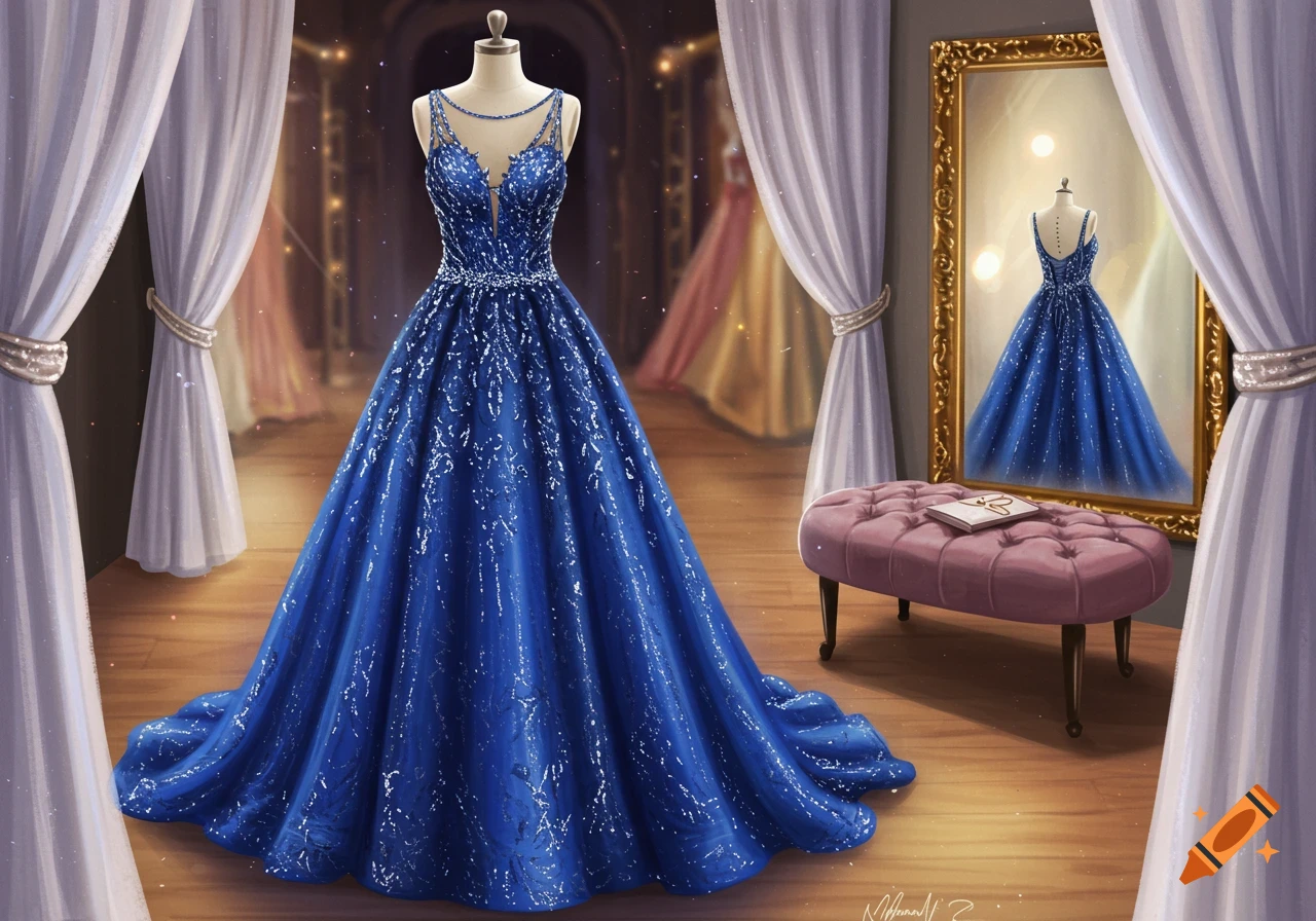 A vibrant blue sequined prom dress on a mannequin in a glamorous fitting room, with a reflection in a gold-framed mirror.