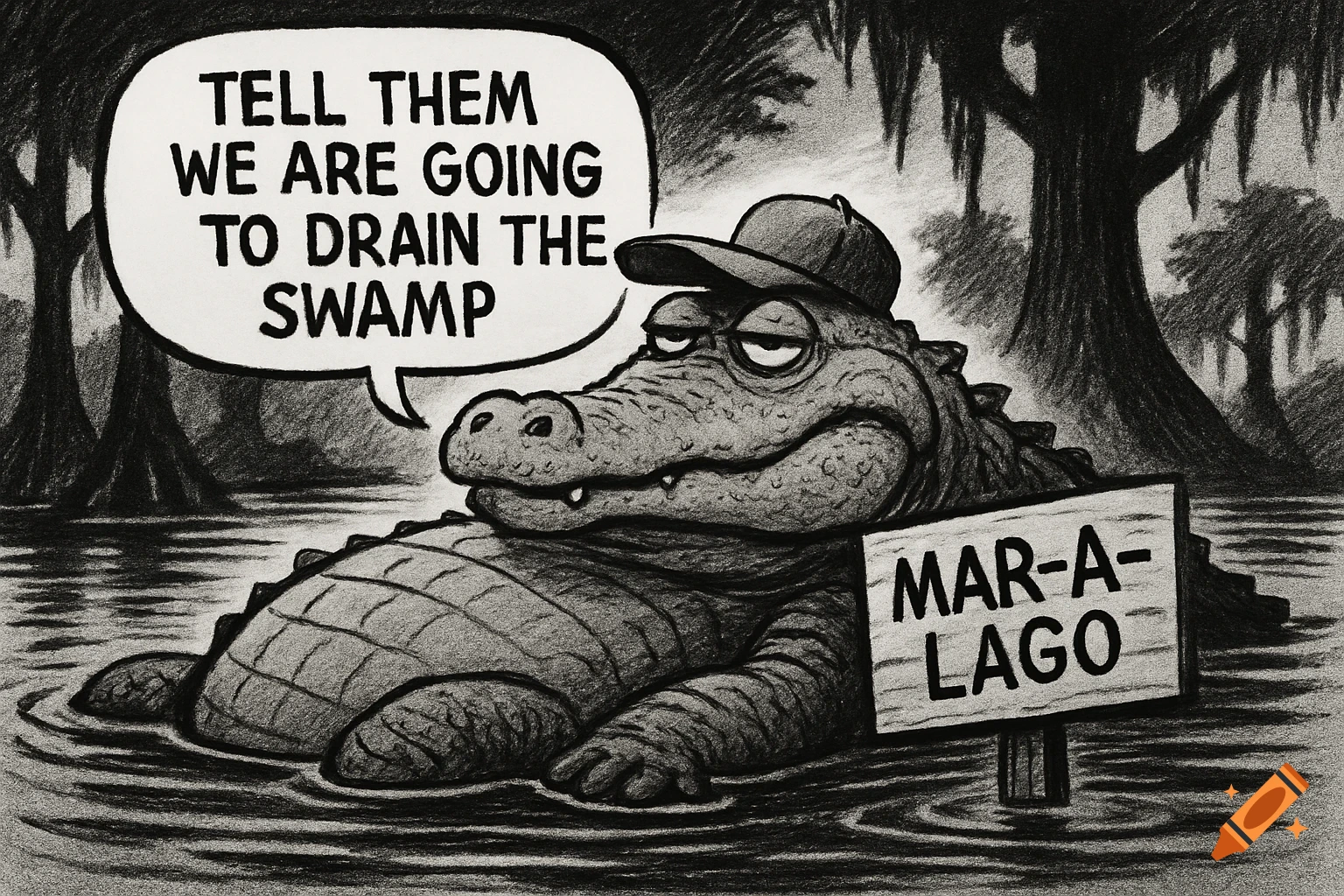 Black and white political cartoon of an alligator wearing a baseball hat in a swamp. A speech bubble reads "TELL THEM WE ARE GOING TO DRAIN THE SWAMP". A sign in the water says "MAR-A-LAGO".