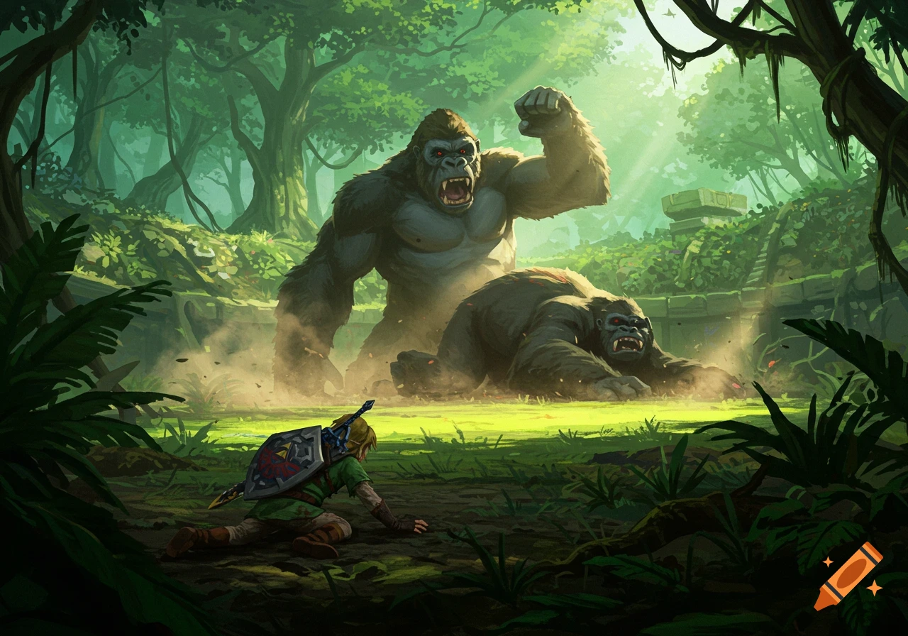Link crawls away from two aggressive gorillas in a lush jungle with ancient ruins, vibrant digital illustration style.