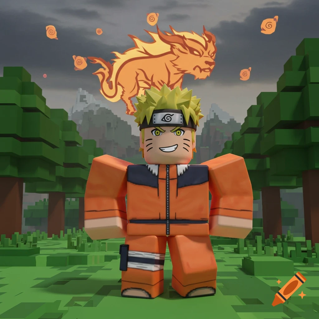 A Roblox-style Naruto character stands in a blocky forest with an orange fox-like creature and swirls floating behind him under a cloudy sky.