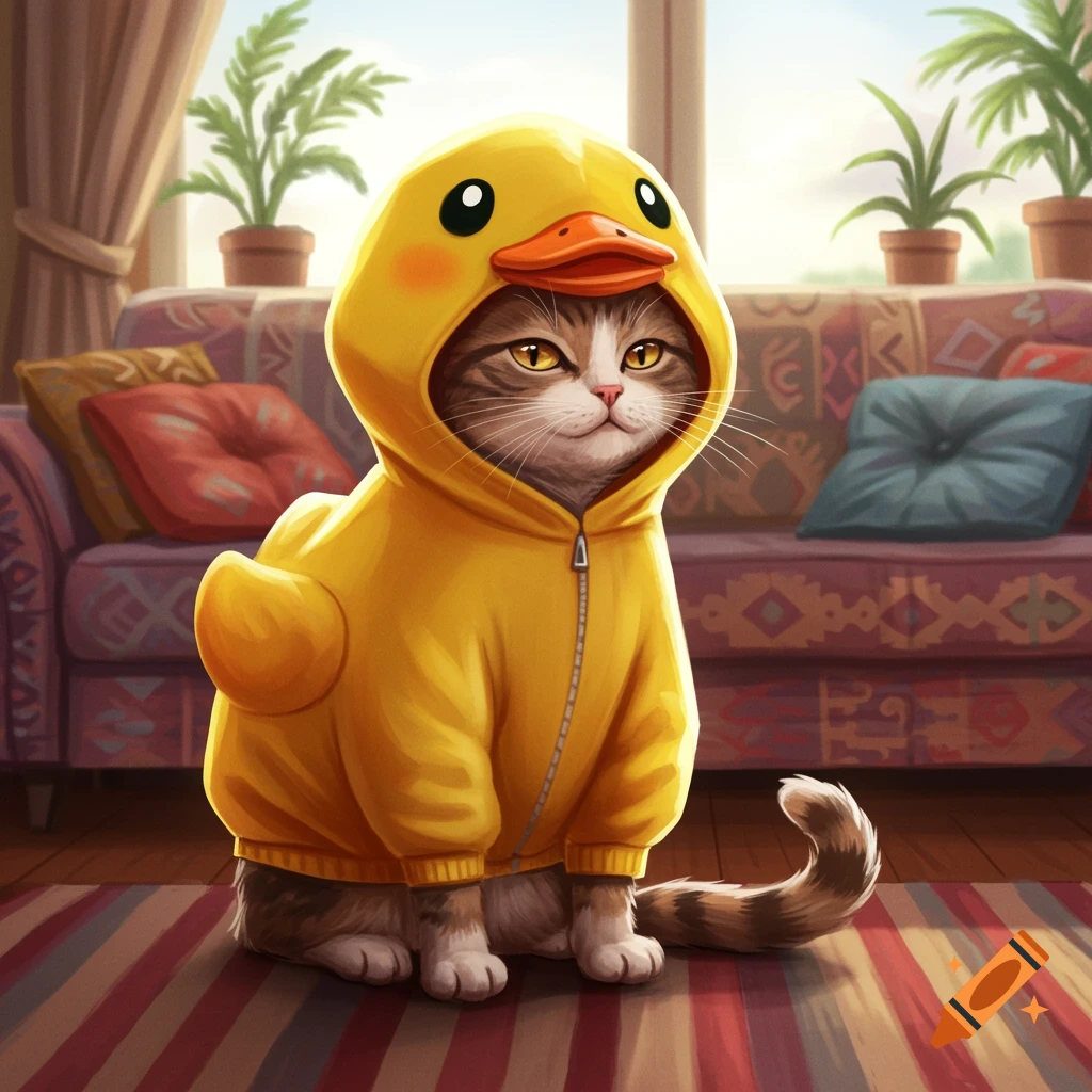 A fluffy tabby cat sits on a striped rug indoors, wearing a yellow rubber duck costume. A patterned sofa and plants are in the background.