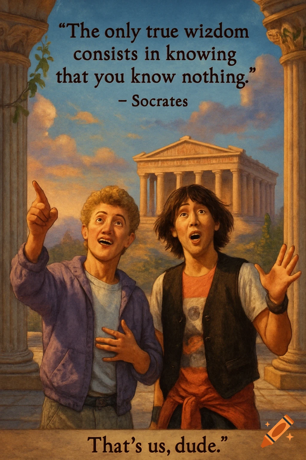 Two young men reacting with surprise in front of an ancient Greek temple and columns. Text quotes Socrates and adds, "That's us, dude."