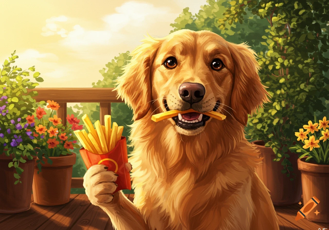 A golden retriever dog holds a red box of french fries and a fry in its mouth, smiling on a sunny outdoor patio.