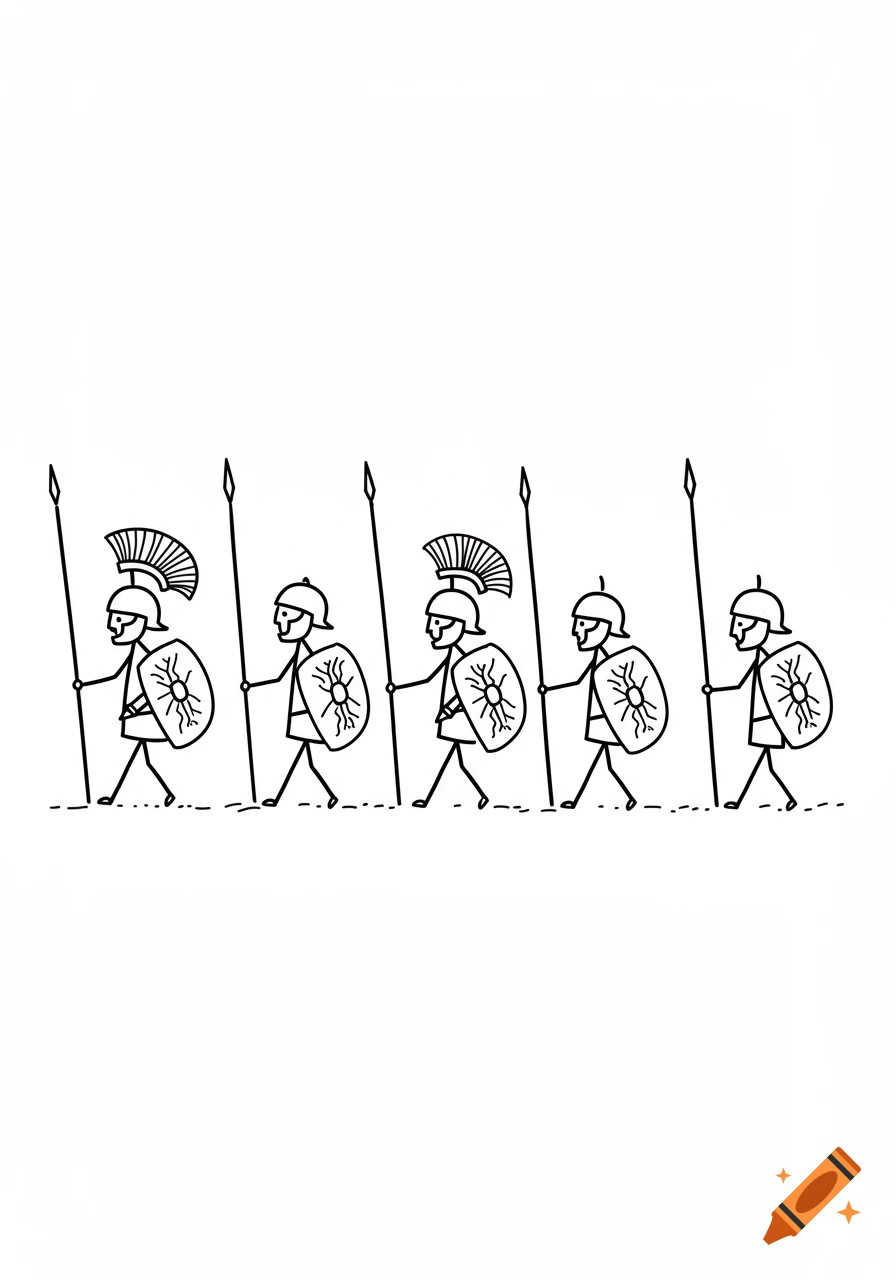 Stick figure drawing of five ancient Roman soldiers marching across a white background, holding spears and shields.