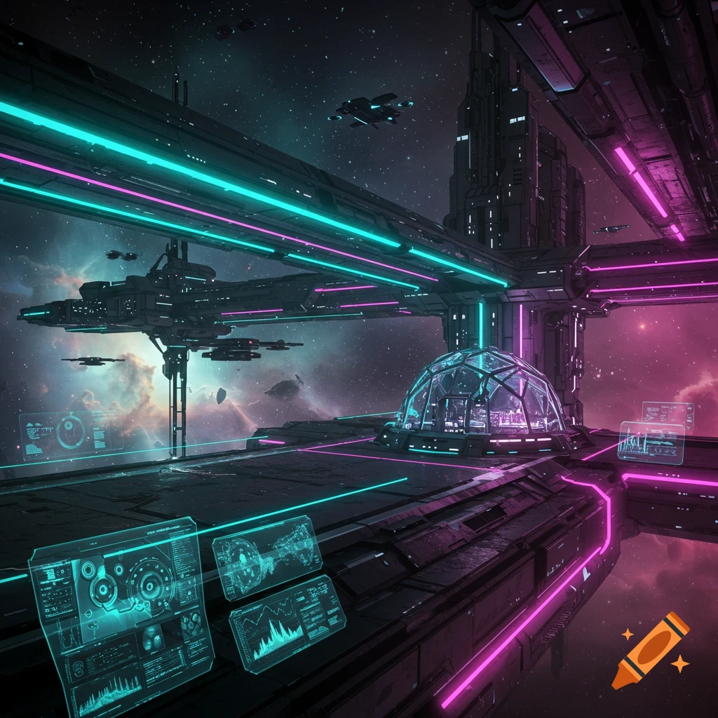 A vibrant sci-fi space station with neon cyan and magenta lights, multiple spaceships, and holographic displays against a colorful nebula.