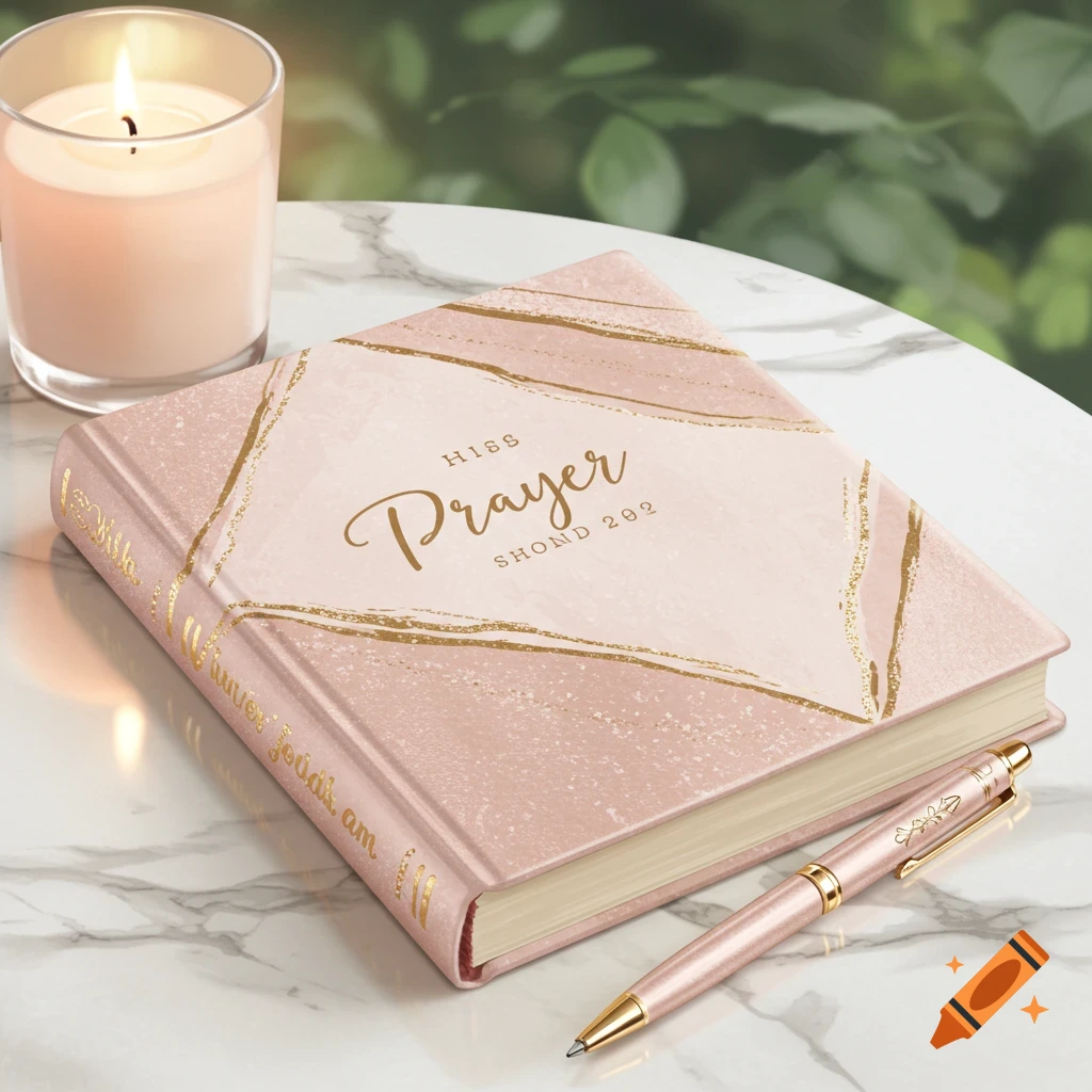 A pink prayer journal with gold accents and a matching pen on a marble table next to a lit candle.