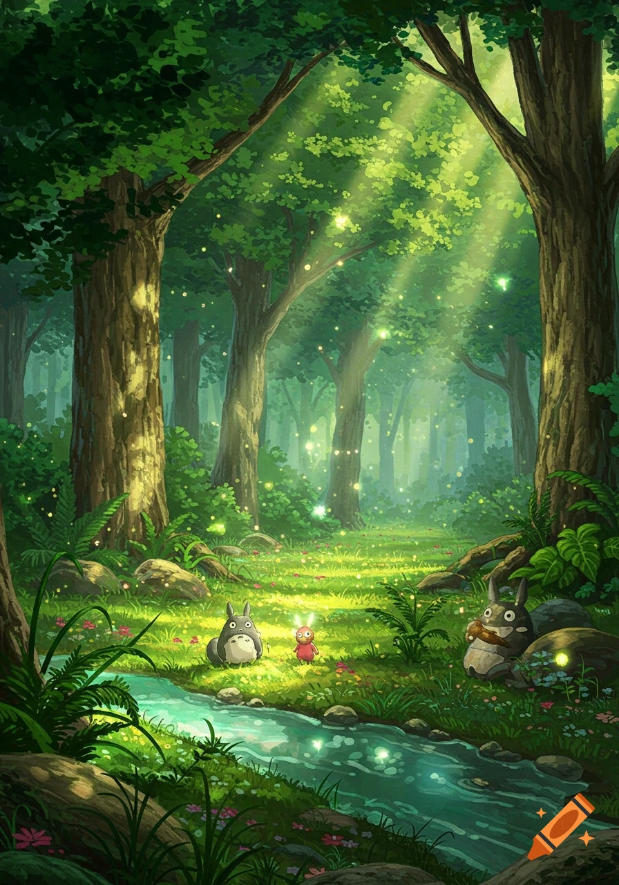 Animated forest scene with three cute creatures by a stream, sunlight filtering through tall trees.