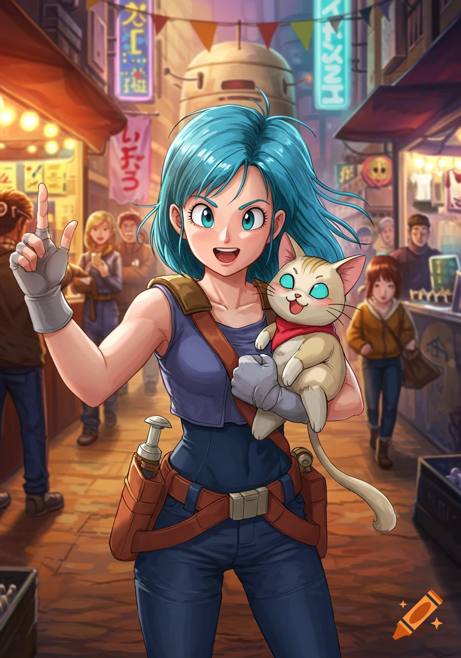 An anime character with blue hair holds a white cat in a bustling street market.