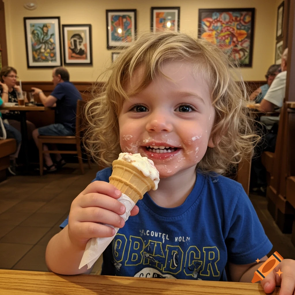 A smiling young boy with messy, ice cream-covered face holds an ice cream cone in a restaurant.