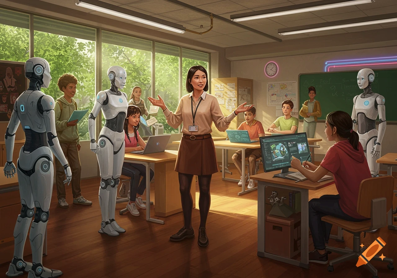 A female teacher explains a concept to diverse students and humanoid robots in a bright classroom with large windows.