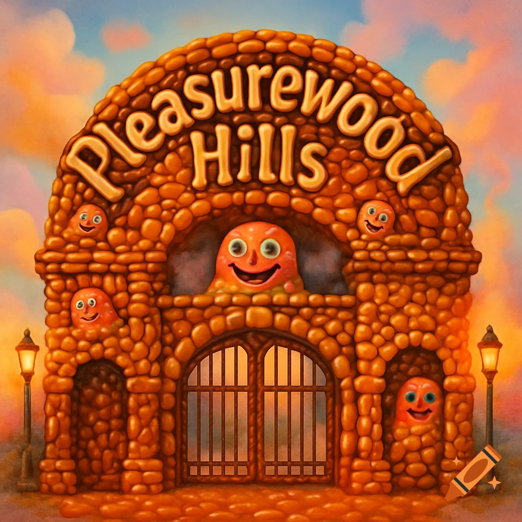 A whimsical archway entrance to 'Pleasurewood Hills' theme park, made of orange beans, with smiling blob-like characters peeking out.
