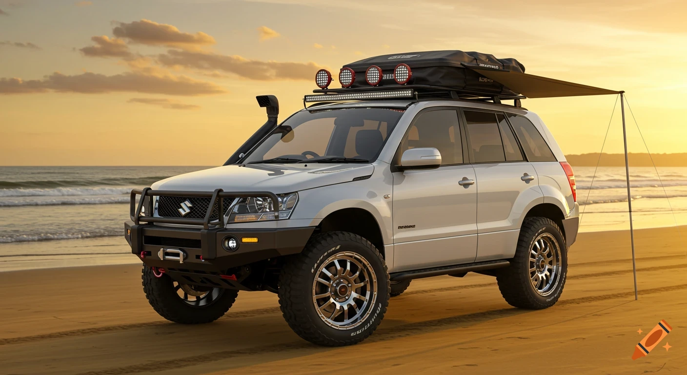 A silver Suzuki Grand Vitara SUV with off-road modifications, including a bull bar, roof rack, and awning, parked on a sandy beach at sunset.