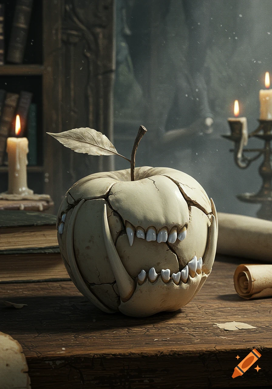 A creepy bone apple with exposed teeth sits on a wooden table with books, candles, and scrolls in a dark, gothic setting.