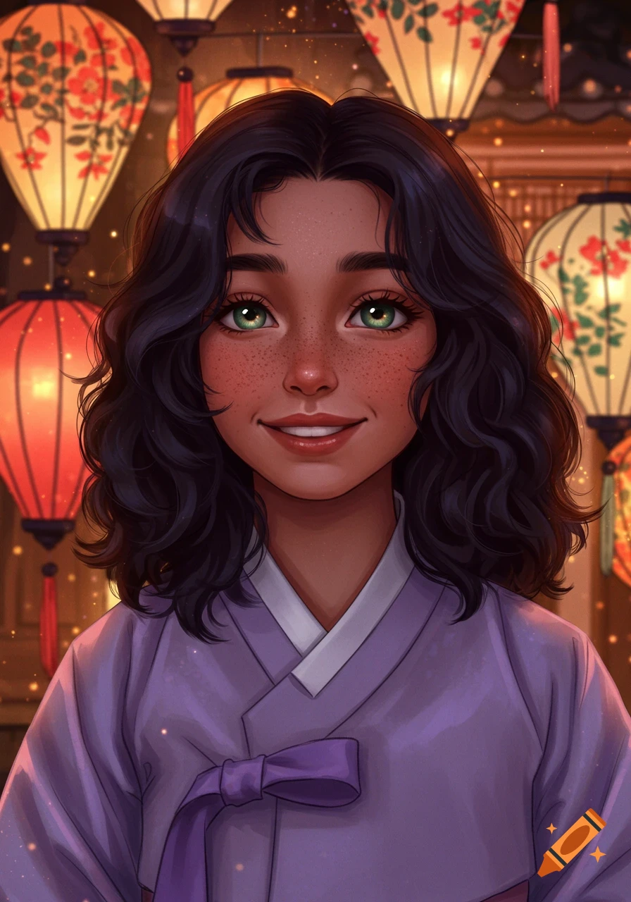 A cartoon-style portrait of a smiling girl with dark wavy hair and green eyes, wearing a lilac hanbok, with glowing lanterns in the background.