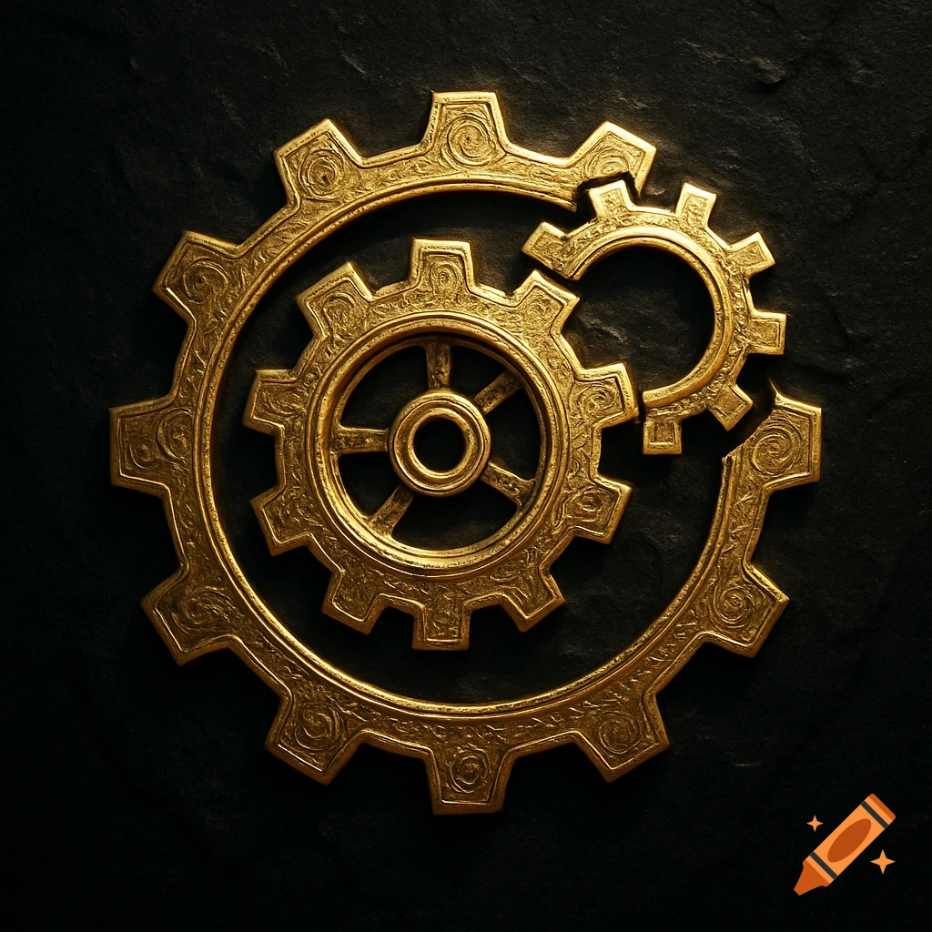 Three intricate golden gears with etched patterns on a dark, textured background.