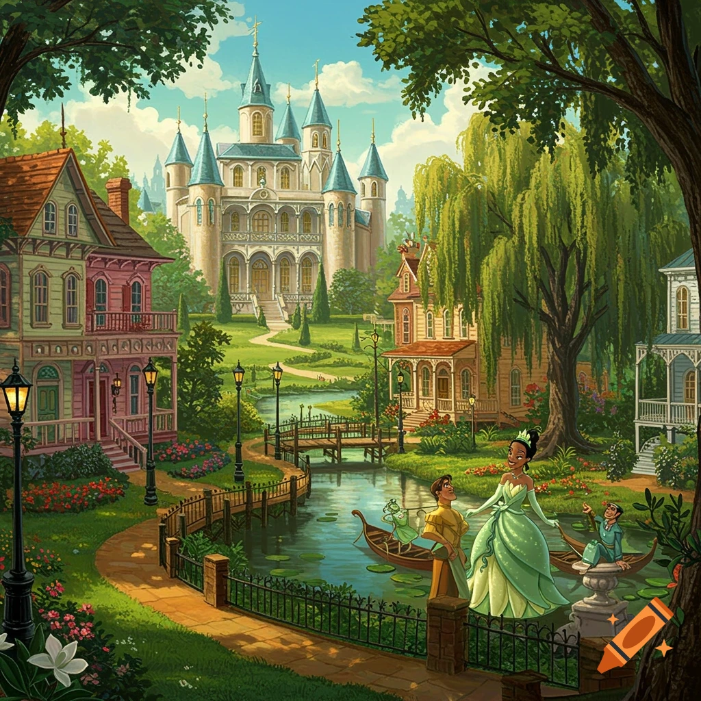 Princess Tiana and Prince Naveen stand by a pond in a vibrant, New Orleans-themed kingdom with a grand castle and colorful houses.