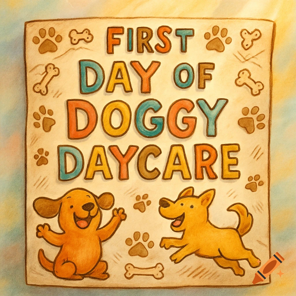 Cartoon illustration of a sign that says 'FIRST DAY OF DOGGY DAYCARE' with two happy dogs and paw prints.
