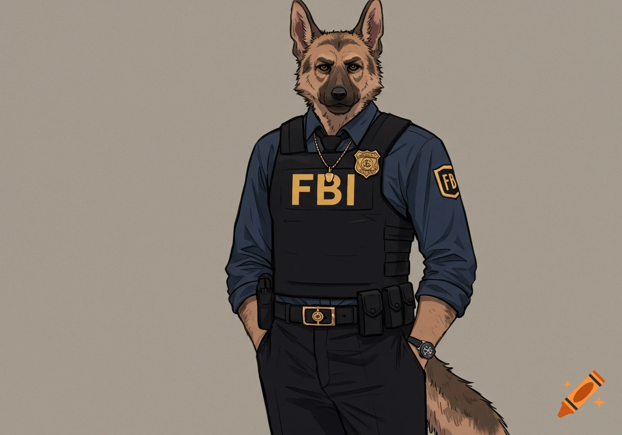 An anthropomorphic German Shepherd in a dark blue shirt and black FBI vest with gold lettering, black pants, and a gold chain, drawn in a manhwa style.