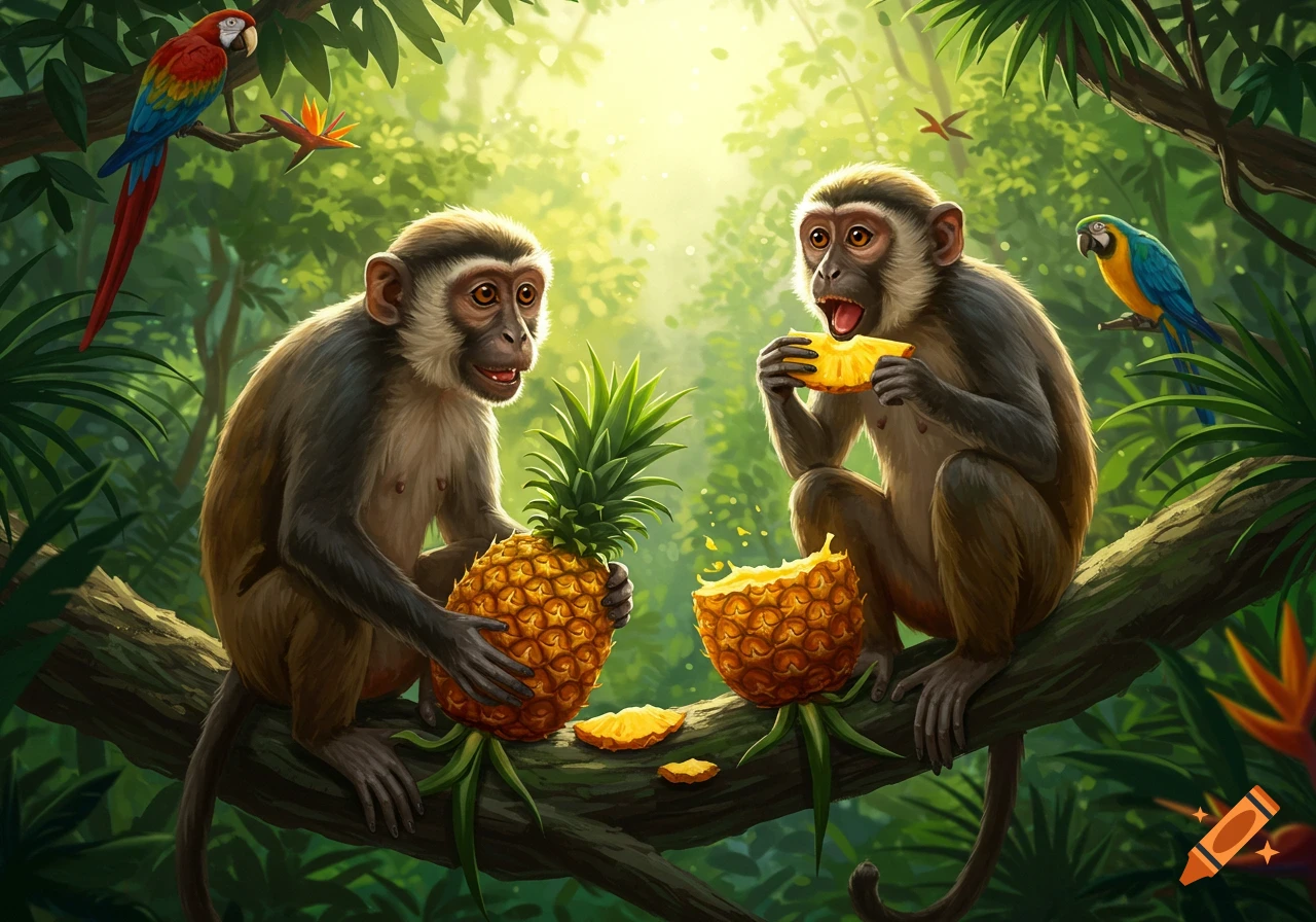 Two monkeys share a pineapple on a tree branch in a vibrant, lush jungle illustration.