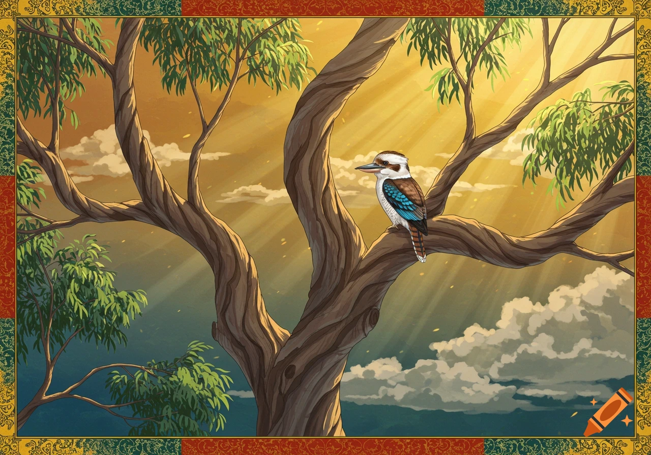 A kookaburra perches on a gum tree branch bathed in golden sunlight, framed by an ornate, colorful border, in the style of a Tibetan Buddhist painting.