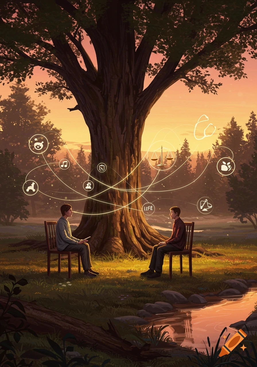 Two men sit under a large tree at sunset, connected by glowing lines and symbols, in a symbolic illustration.
