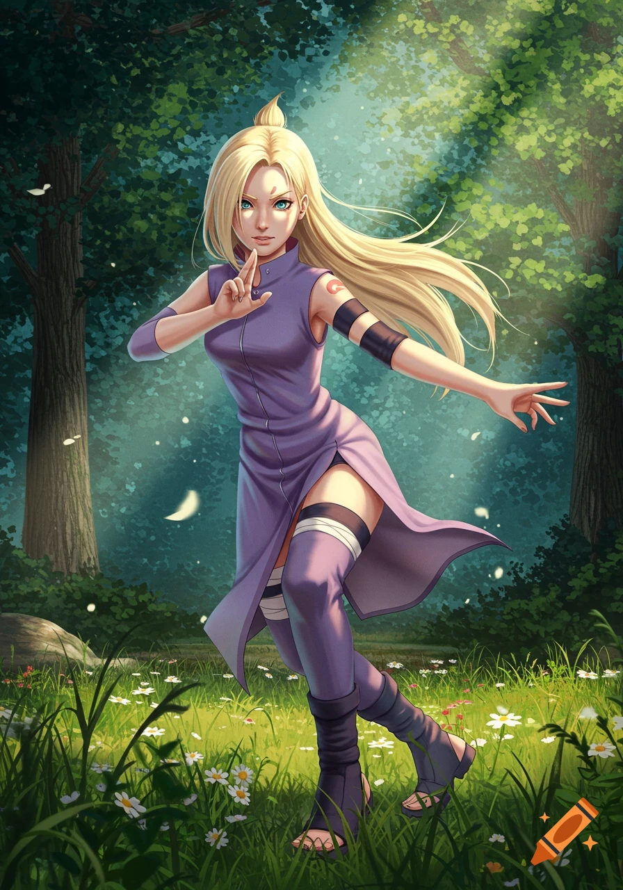 An anime character, Ino Yamanaka, with long blonde hair and a purple outfit, stands in a lush green forest with sunbeams.