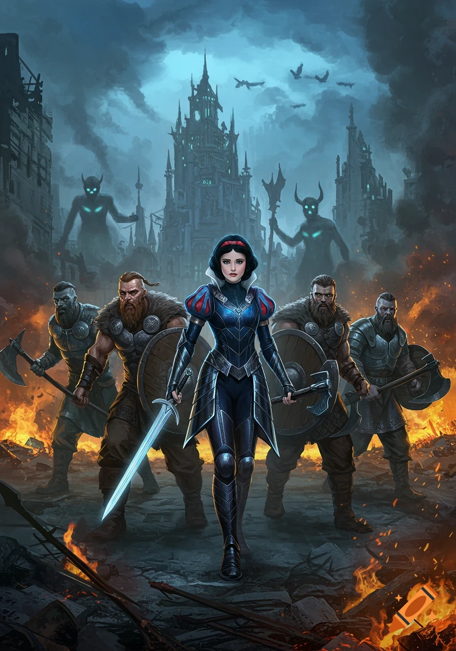 Heroic Snow White in armor leads viking-like warriors through a burning, ruined city against shadowy monsters and a dark castle.