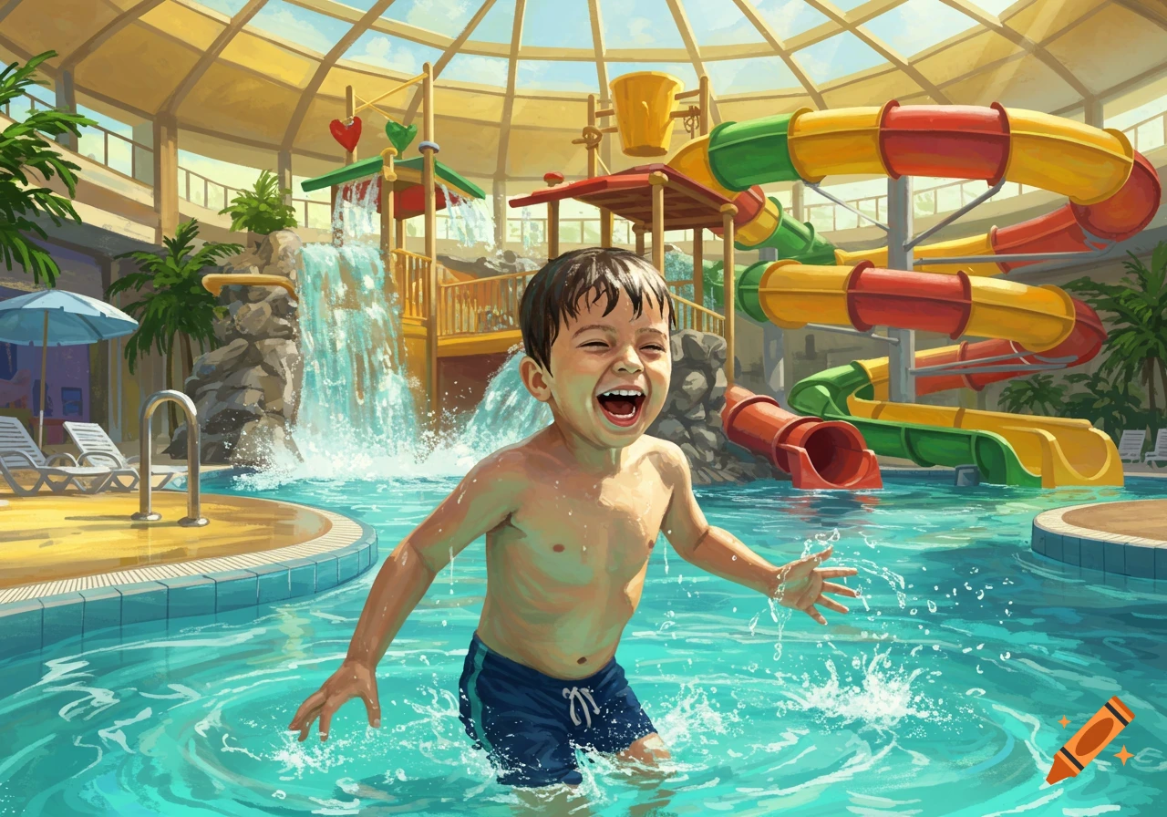 A young boy laughs excitedly in a brightly lit indoor waterpark with water slides and a splashing waterfall.