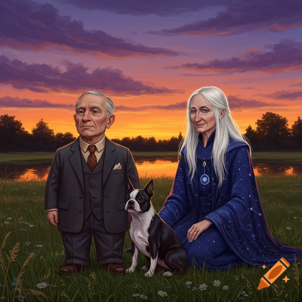 A dapper elderly man, a white-haired witch, and a Boston terrier in a grassy field by a lake at sunset.