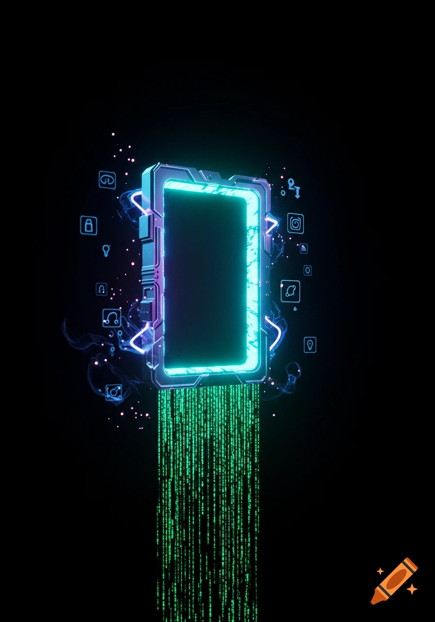 A glowing, futuristic rectangular frame surrounded by abstract icons and particles, with green digital code streaming downwards on a black background.