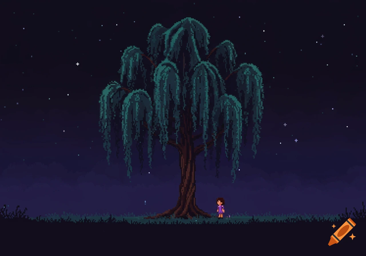A pixel art image of a giant weeping willow tree at night, with a small girl sprite standing beneath it under a starry sky.