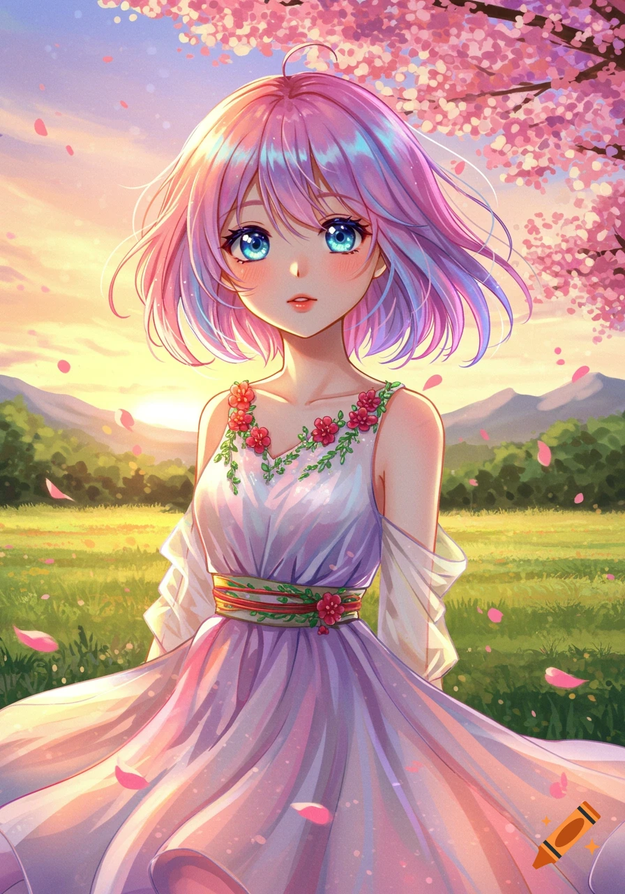 An anime girl with pink and purple hair and blue eyes wears a lavender dress in a field of green grass under cherry blossoms at sunset.