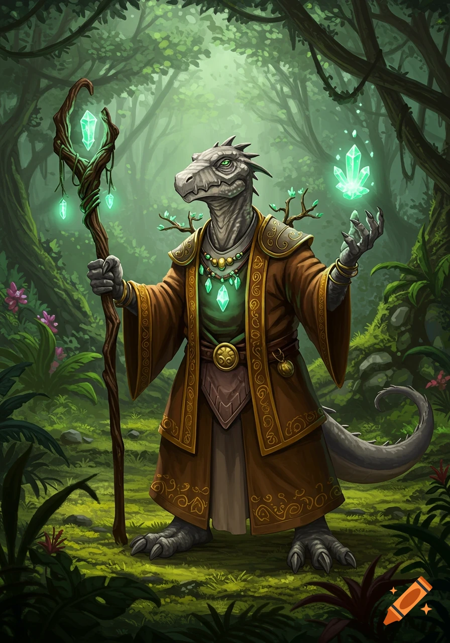 A grey reptilian wizard in brown robes holds a crystal staff and conjures a glowing green crystal in a lush forest.