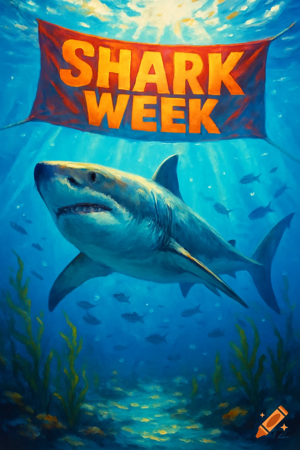 Painting of a great white shark swimming underwater beneath a red banner that reads 'SHARK WEEK'.