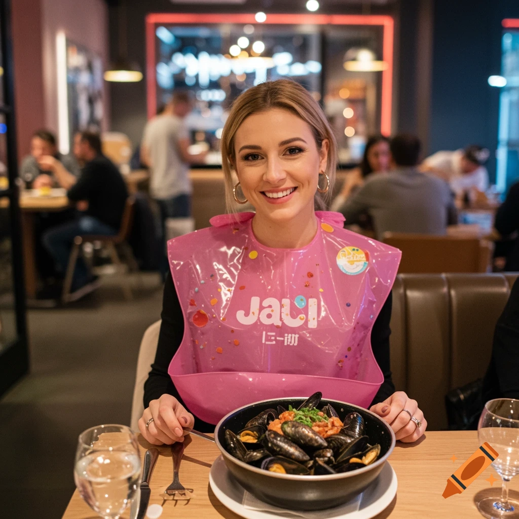 A smiling woman wearing a pink plastic bib eats a bowl of mussels in a restaurant.